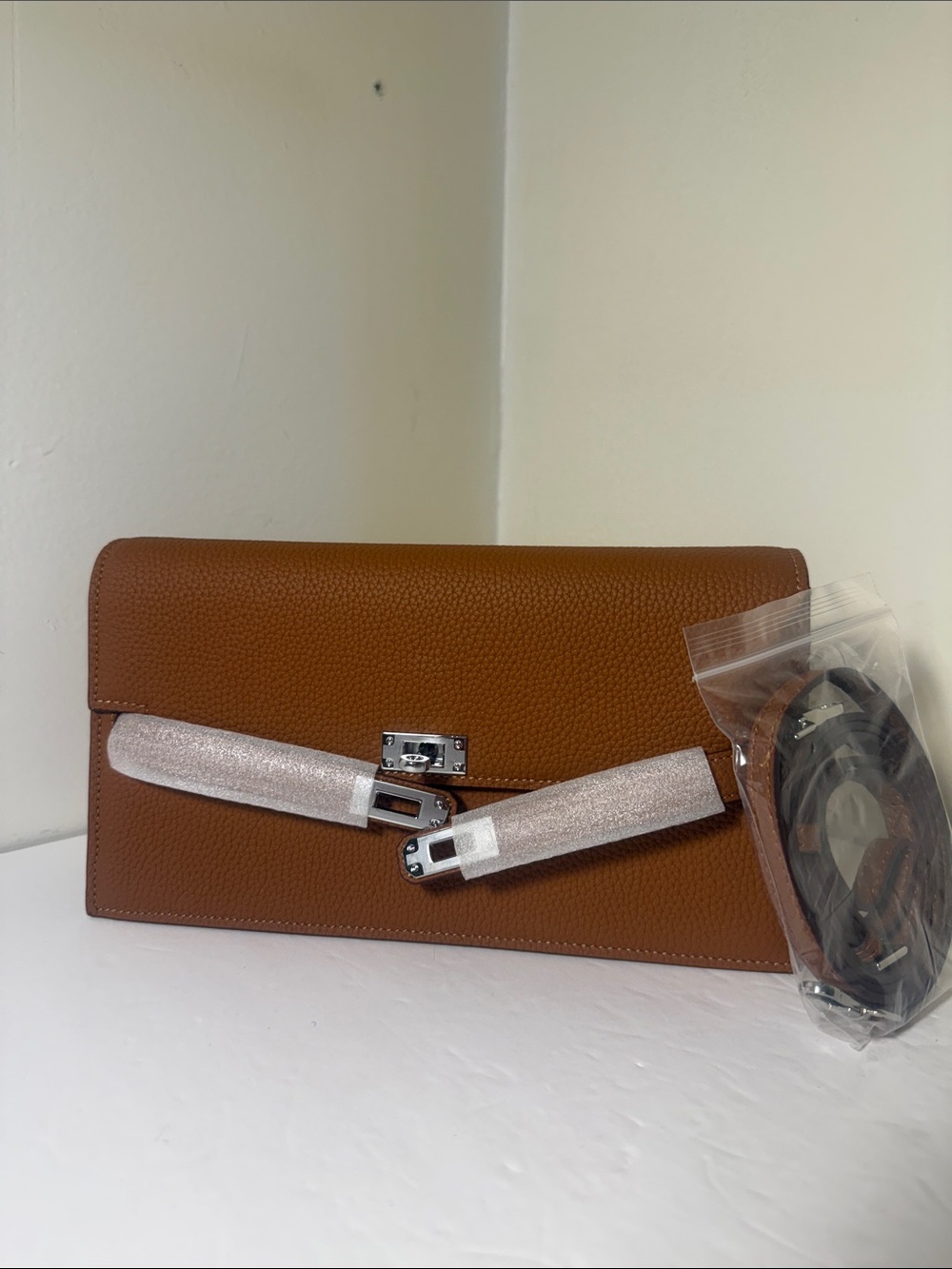 Textured Tan Leather Shoulder Bag with Silver-Tone Hardware